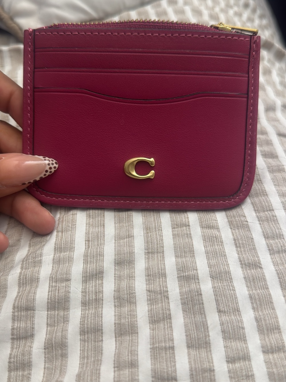 Coach Magenta Leather Card & Key Pouch with Gold 'C'